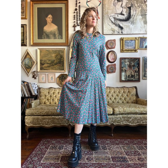 Vintage Blue Floral All over Print Long Sleeve Maxi Dress Size Small - Picture 1 of 9